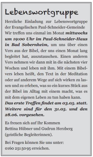 Einladung zur Lebenswortgruppe der Paul-Schneider-Gemeinde